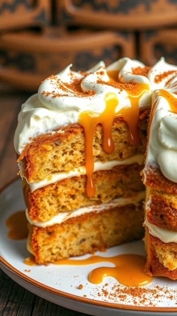 A layered bread pudding cake with frosting and caramel drizzle on a rustic table.